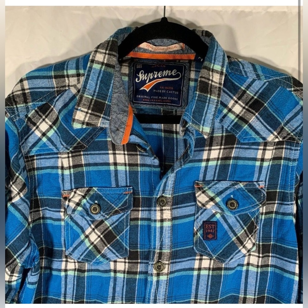 Supreme Flannel Shirt men's Large Blue Plaid Button Down Long Sleeve Collared.